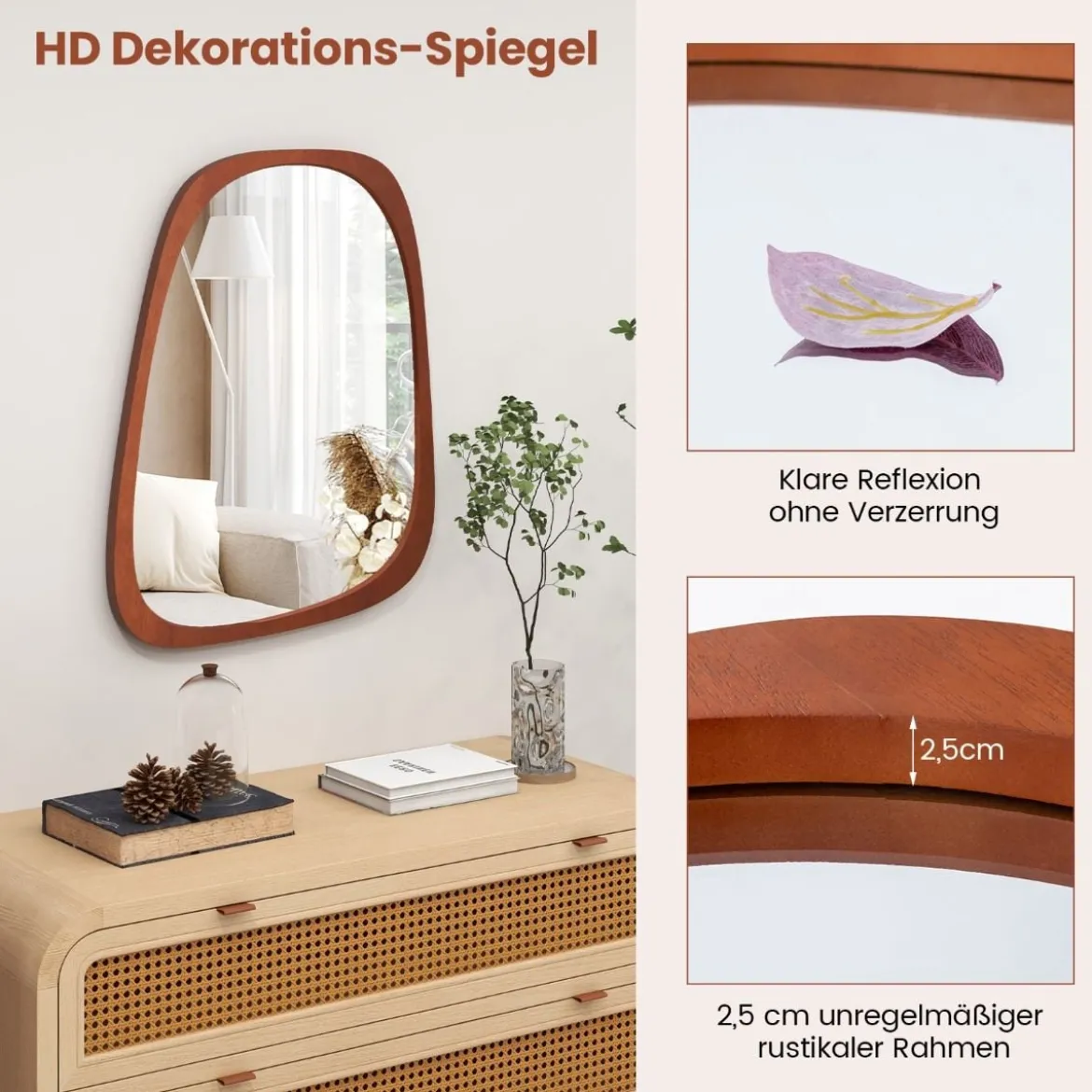 Dekorativer Wandspiegel mit Rustikalem Rahmen Asymmetrischer Spiegel 68 x 53,5 cm