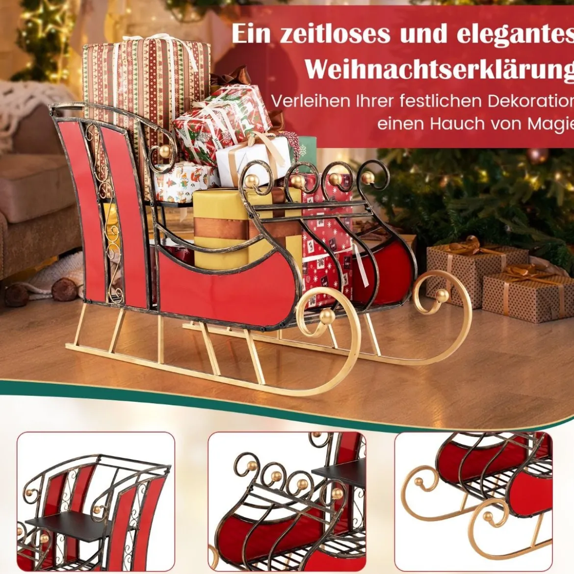 Deko Schlitten aus Metall Weihnachtsschlitten für Weihnachten 93 x 41 x 59 cm Rot