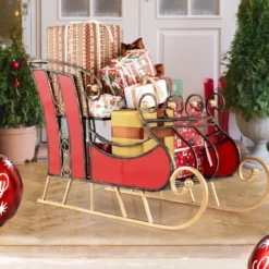 Deko Schlitten aus Metall Weihnachtsschlitten für Weihnachten 93 x 41 x 59 cm Rot