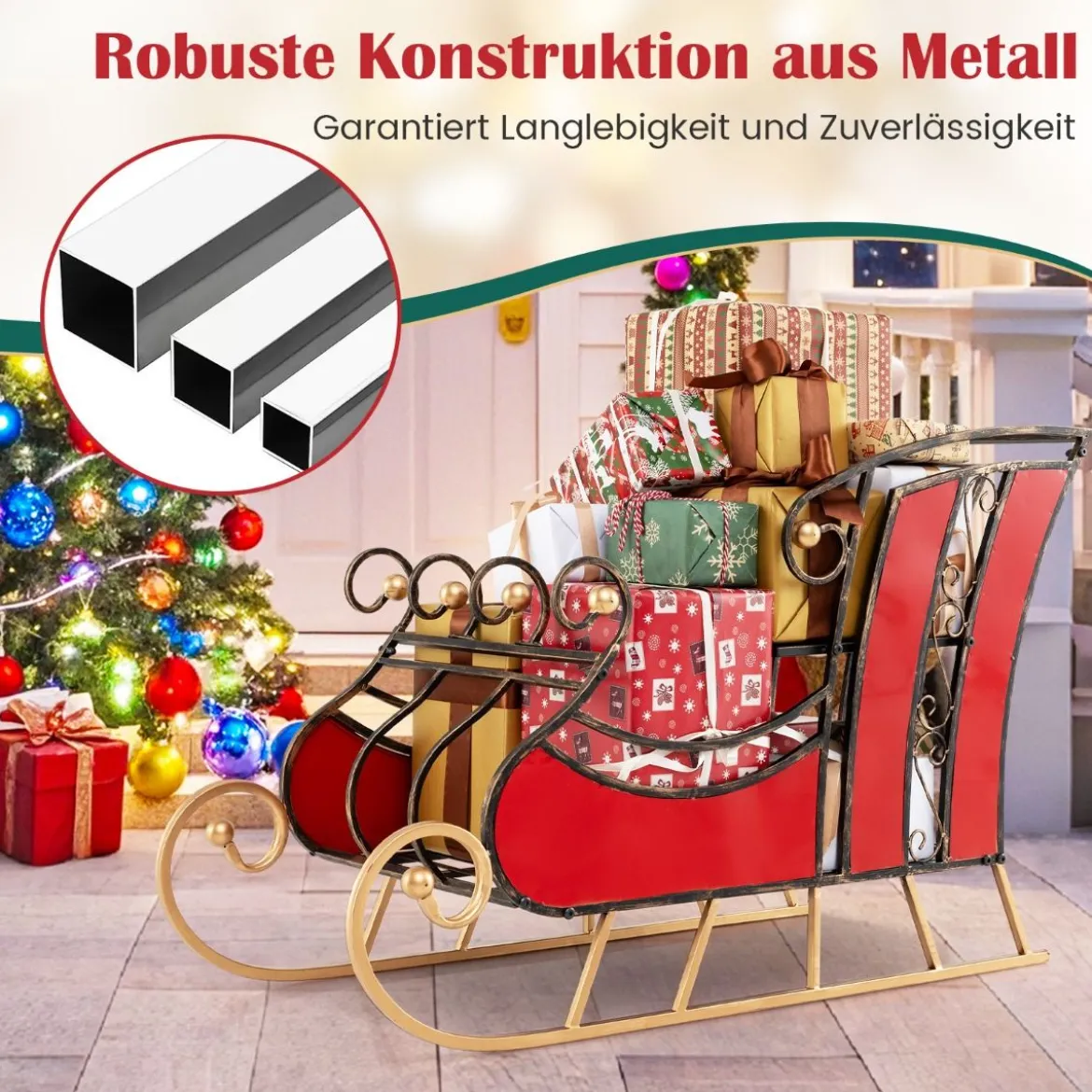 Deko Schlitten aus Metall Weihnachtsschlitten für Weihnachten 93 x 41 x 59 cm Rot