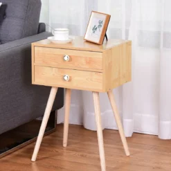 Design Nachttisch Ablagetisch Couchtisch mit Zwei Schubladen Natur