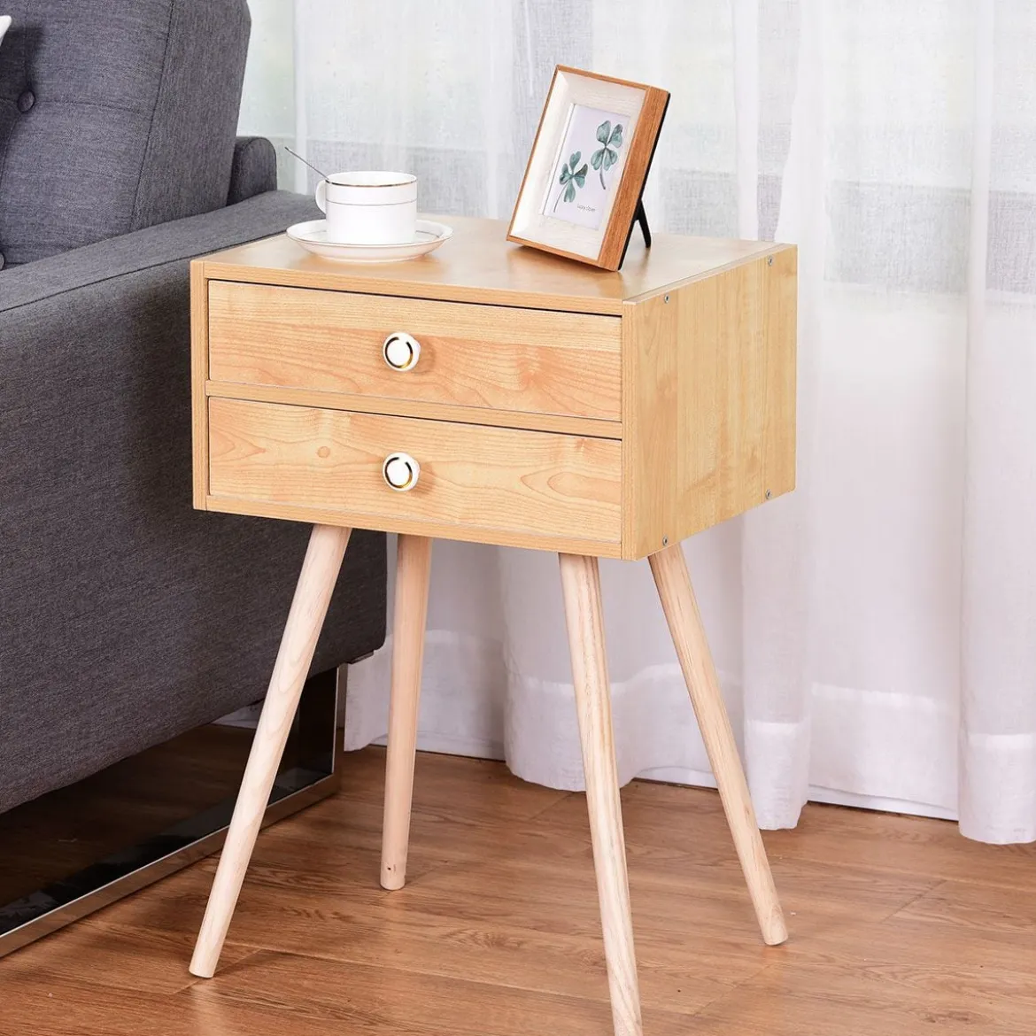 Design Nachttisch Ablagetisch Couchtisch mit Zwei Schubladen Natur