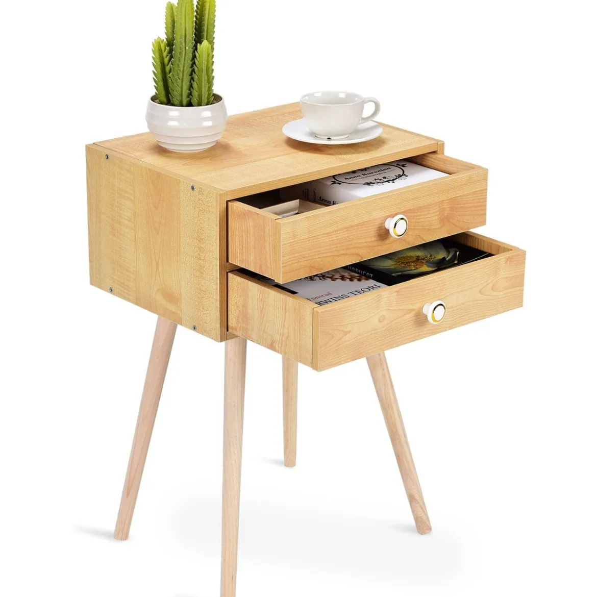 Design Nachttisch Ablagetisch Couchtisch mit Zwei Schubladen Natur