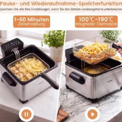 Digitale Fritteuse mit Öl 5 L 1700 W Edelstahl Frittiertopf Pommes mit 3 Körben & 6 Programmen