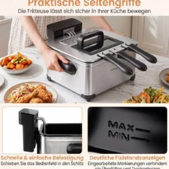 Digitale Fritteuse mit Öl 5 L 1700 W Edelstahl Frittiertopf Pommes mit 3 Körben & 6 Programmen