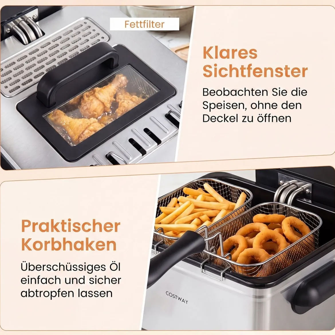 Digitale Fritteuse mit Öl 5 L 1700 W Edelstahl Frittiertopf Pommes mit 3 Körben & 6 Programmen