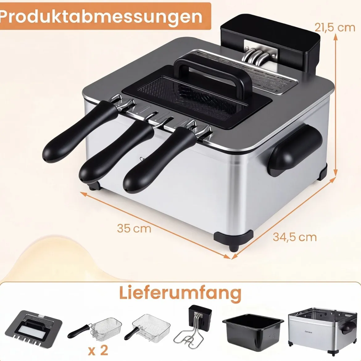 Digitale Fritteuse mit Öl 5 L 1700 W Edelstahl Frittiertopf Pommes mit 3 Körben & 6 Programmen