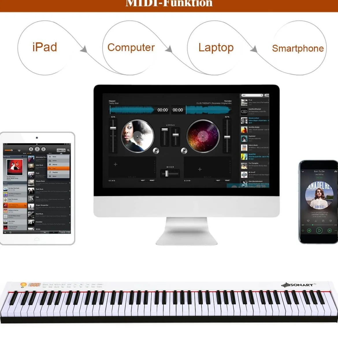 Digitales Klavier mit 88 Tasten tragbares elektronisches Keyboard 127 x 21,5 x 6,5 cm Weiß + Schwarz