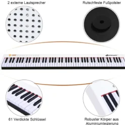 Digitales Klavier mit 88 Tasten tragbares elektronisches Keyboard 127 x 21,5 x 6,5 cm Weiß + Schwarz