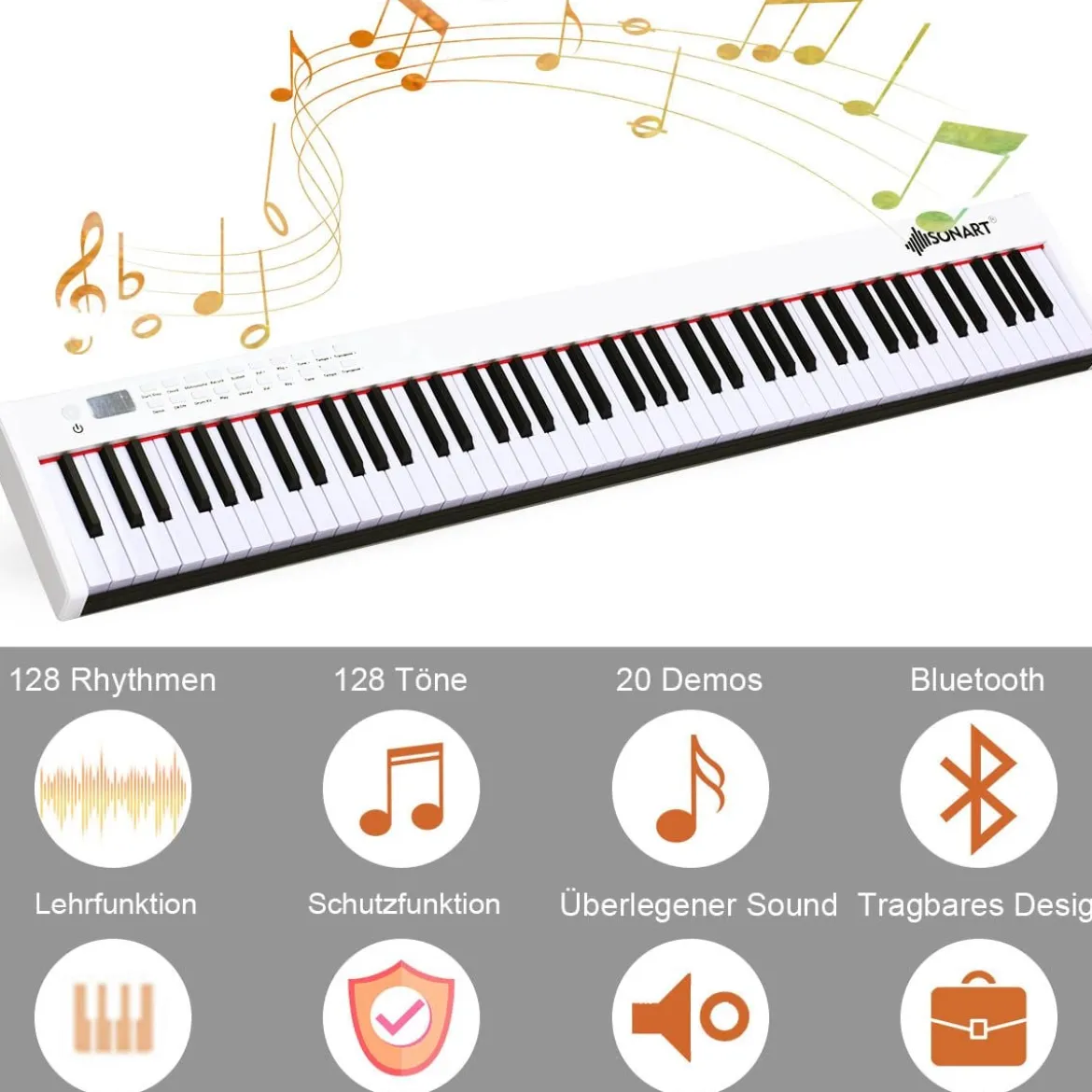 Digitales Klavier mit 88 Tasten tragbares elektronisches Keyboard 127 x 21,5 x 6,5 cm Weiß + Schwarz