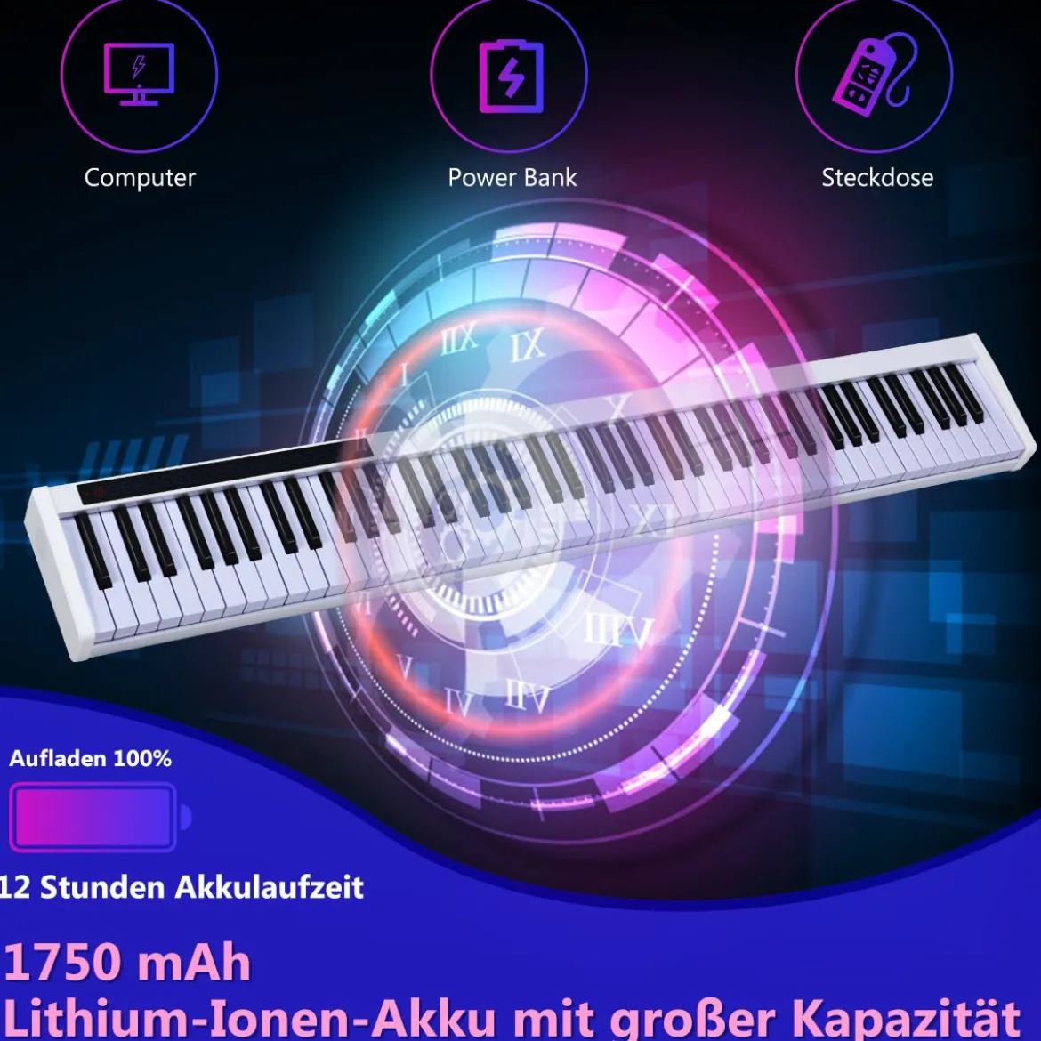 Digitales Piano Keyboard mit 88 Tasten Kinder elektrisches Klavier 126,5 x 18 x 6,5 cm Schwarz + Weiß