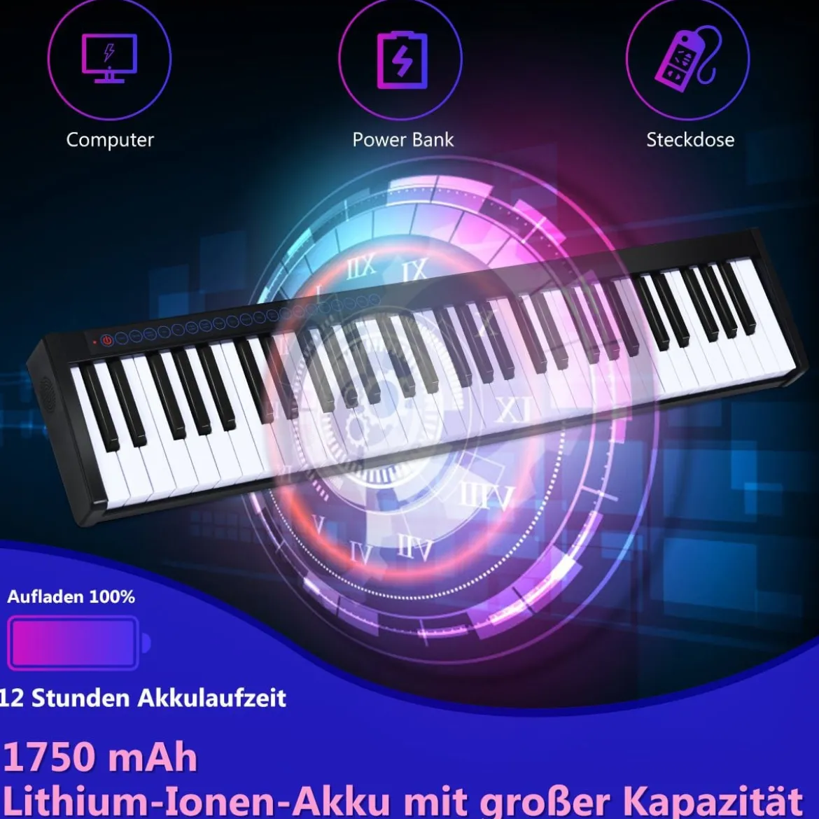 Digitales Piano Keyboard 61 Tasten elektronisches Klavier Keyboard 88,5 x 18 x 6,5 cm Schwarz