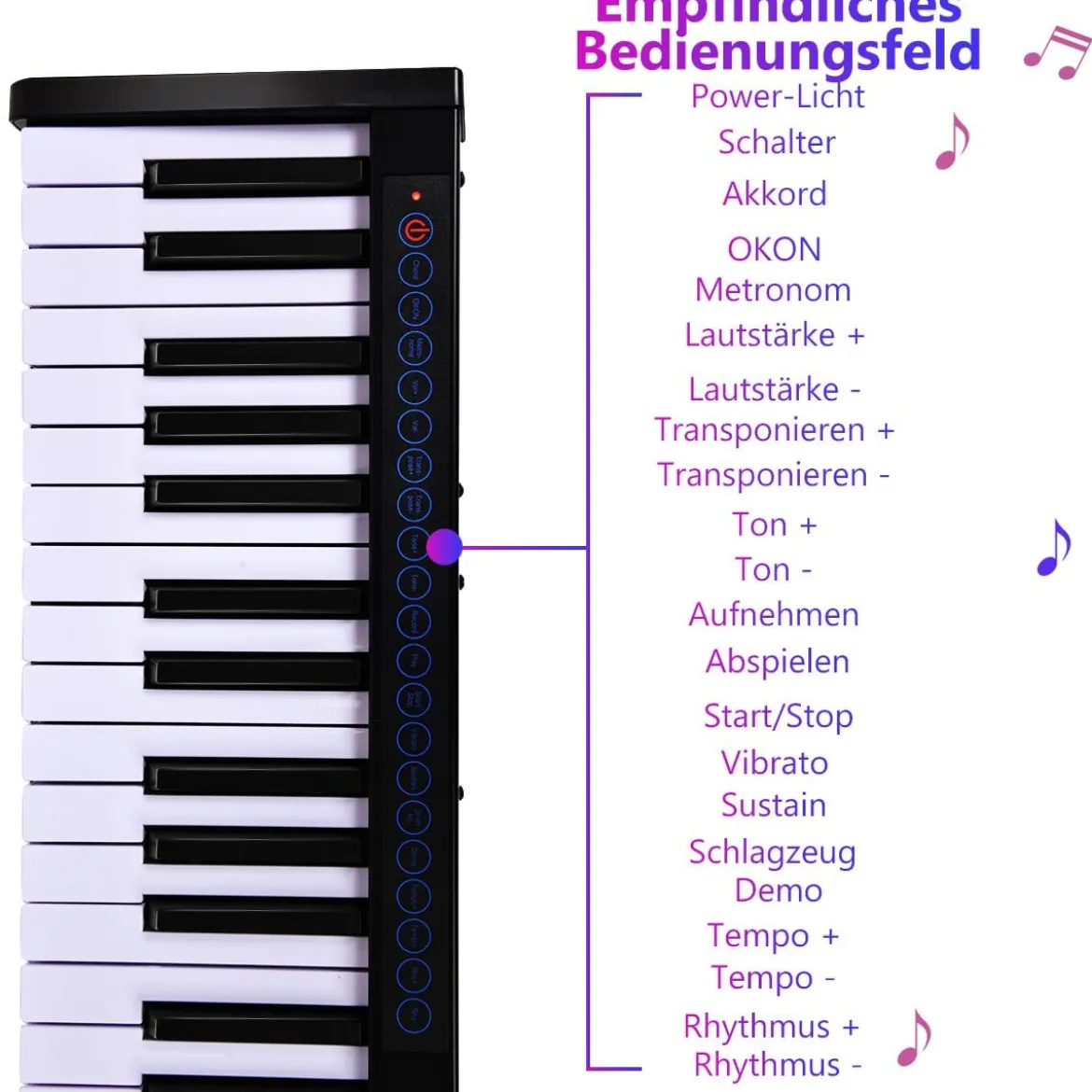 Digitales Piano Keyboard 61 Tasten elektronisches Klavier Keyboard 88,5 x 18 x 6,5 cm Schwarz