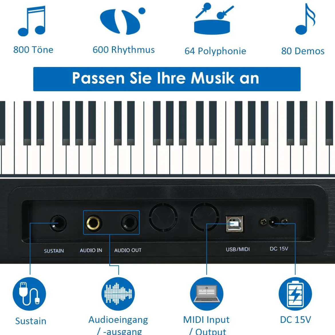 Digitalpiano Klavier Elektrisches Keyboard Klaviertastatur mit Netzteil 135x32,5x10,5CM
