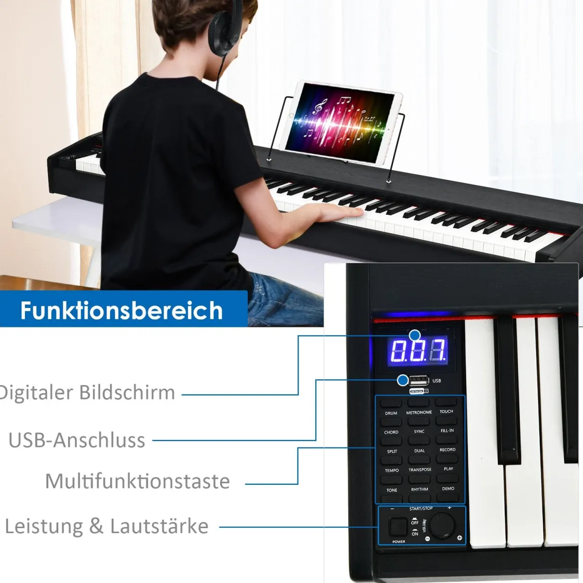 Digitalpiano Klavier Elektrisches Keyboard Klaviertastatur mit Netzteil 135x32,5x10,5CM