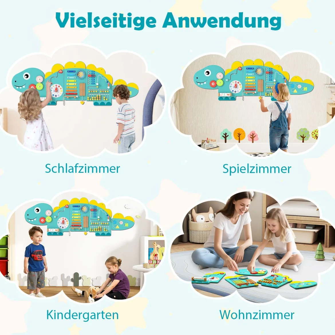 Dinosaurier Aktivitätswand für Kleinkinder 11-in-1 Montessori Holz-Sensorik-Wandspielzeug Grün