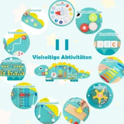 Dinosaurier Aktivitätswand für Kleinkinder 11-in-1 Montessori Holz-Sensorik-Wandspielzeug Grün