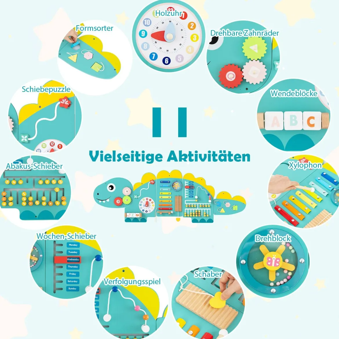 Dinosaurier Aktivitätswand für Kleinkinder 11-in-1 Montessori Holz-Sensorik-Wandspielzeug Grün