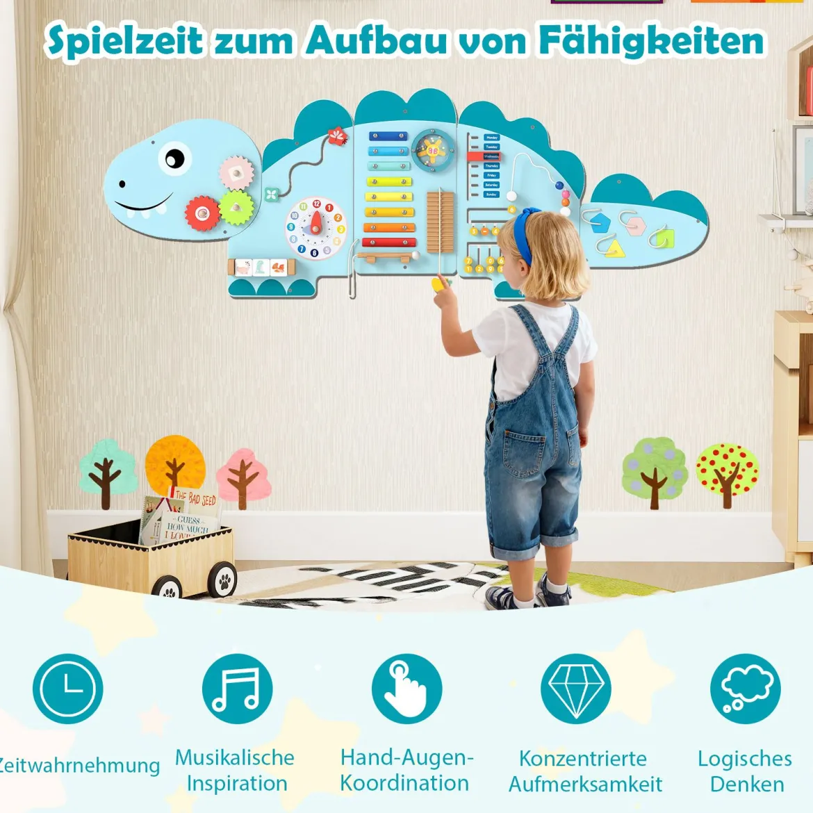 Dinosaurier Aktivitätswand für Kleinkinder 11-in-1 Montessori Holz-Sensorik-Wandspielzeug Blau