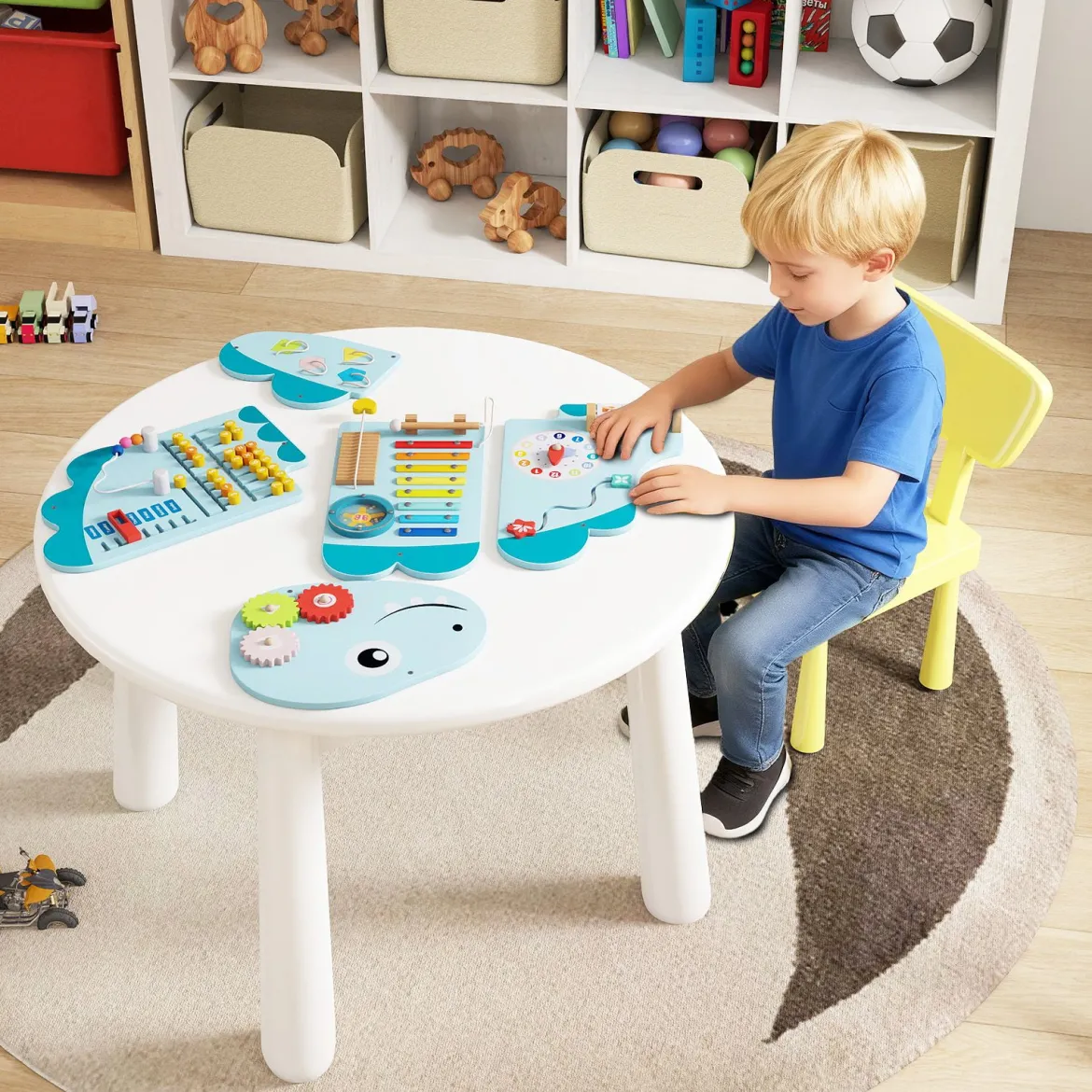 Dinosaurier Aktivitätswand für Kleinkinder 11-in-1 Montessori Holz-Sensorik-Wandspielzeug Blau