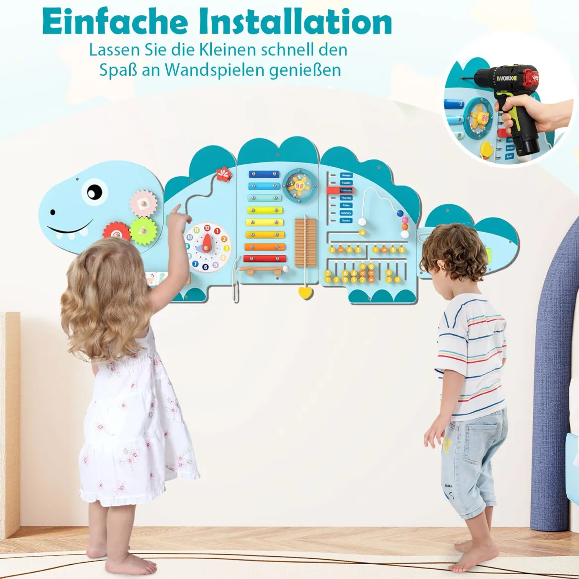 Dinosaurier Aktivitätswand für Kleinkinder 11-in-1 Montessori Holz-Sensorik-Wandspielzeug Blau