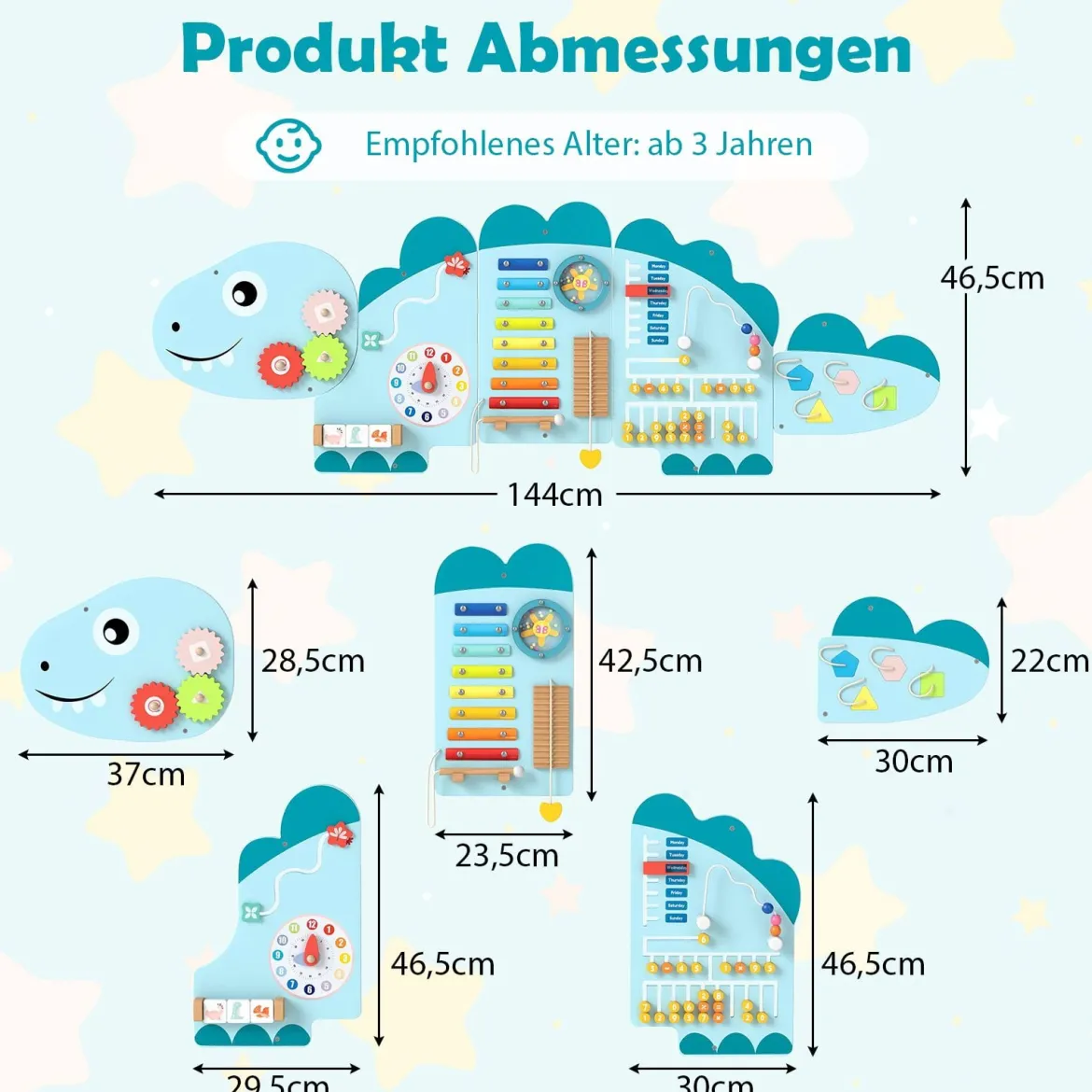 Dinosaurier Aktivitätswand für Kleinkinder 11-in-1 Montessori Holz-Sensorik-Wandspielzeug Blau