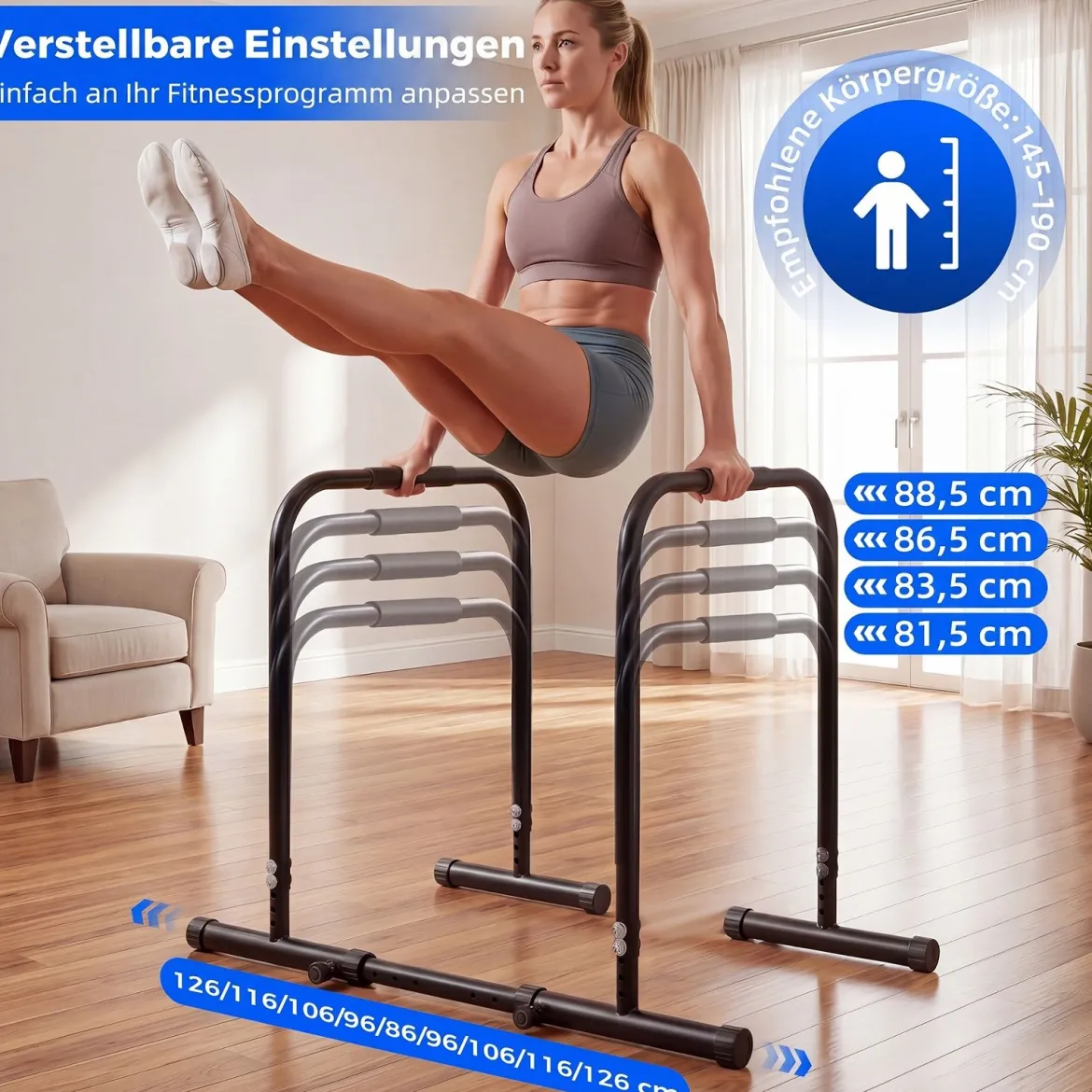 Dip Station 4 Höhenstufen & 5Breitenstufen Verstellbar Gesamt bis 300 kg Belastbar Schwarz