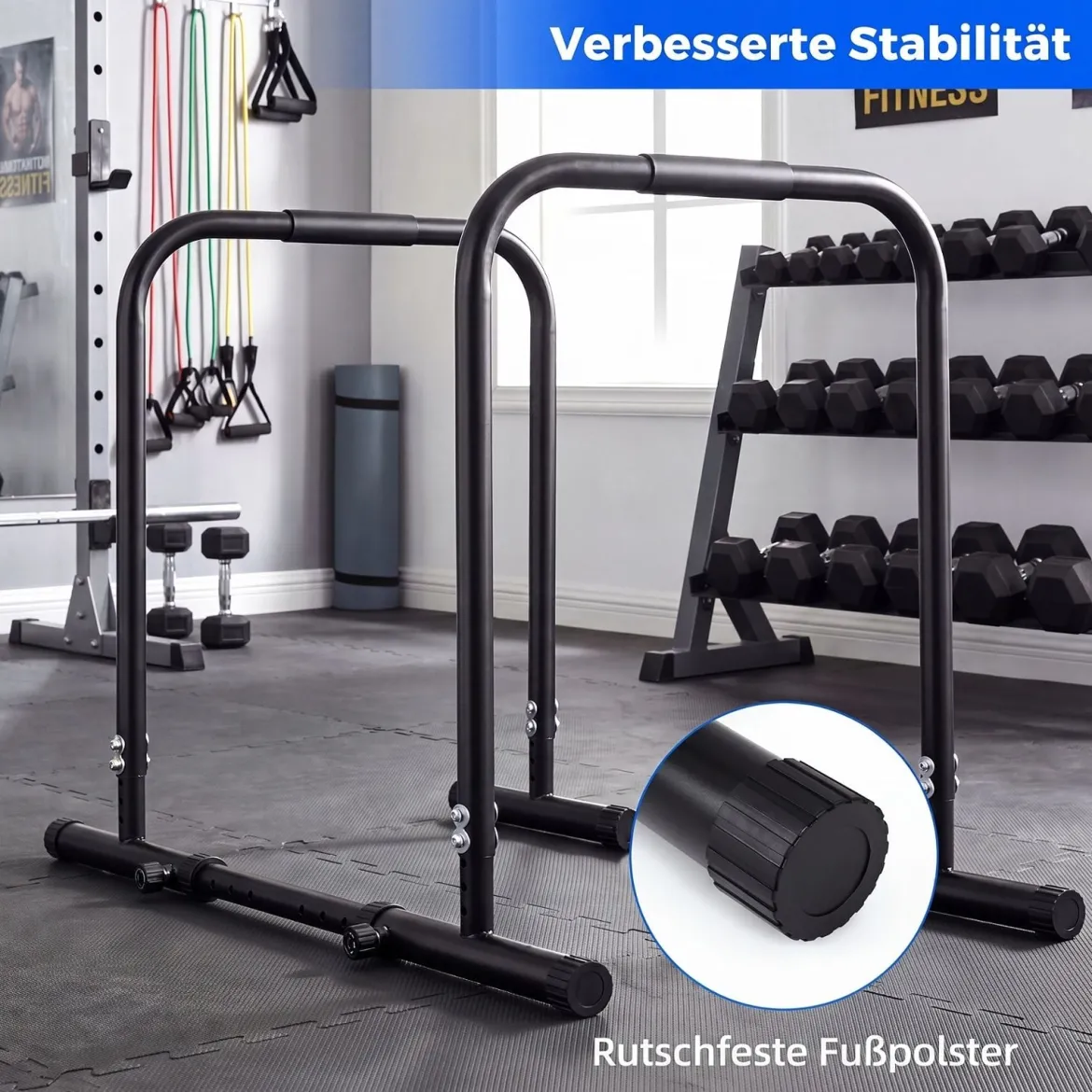 Dip Station 4 Höhenstufen & 5Breitenstufen Verstellbar Gesamt bis 300 kg Belastbar Schwarz