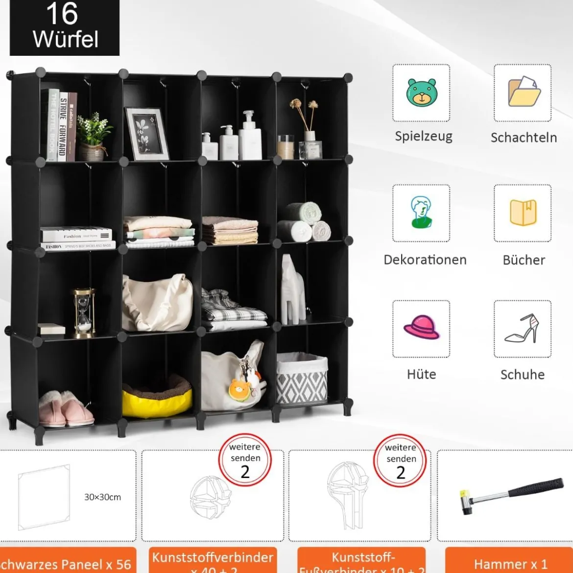 DIY Würfelregal mit 16 Fächern Regalsystem stapelbar Steckregal Schuhregal für Wohnzimmer & Schlafzimmer