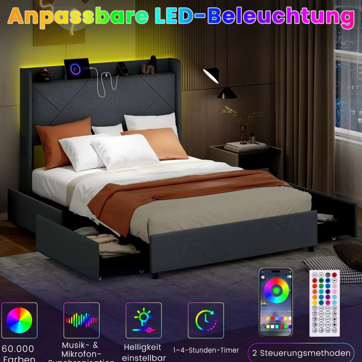 Doppelbettgestell inkl. LED-Leuchten gepolstertes Plattformbett mit Ladestation 2 Aufbewahrungstaschen & 4 Schubladen Grau (200 x 140 cm)