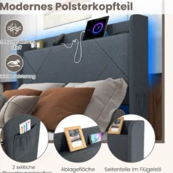 Doppelbettgestell inkl. LED-Leuchten gepolstertes Plattformbett mit Ladestation 2 Aufbewahrungstaschen & 4 Schubladen Grau (200 x 140 cm)