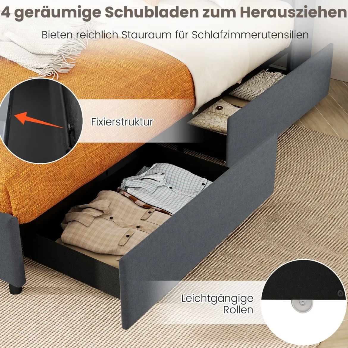 Doppelbettgestell inkl. LED-Leuchten gepolstertes Plattformbett mit Ladestation 2 Aufbewahrungstaschen & 4 Schubladen Grau (200 x 140 cm)