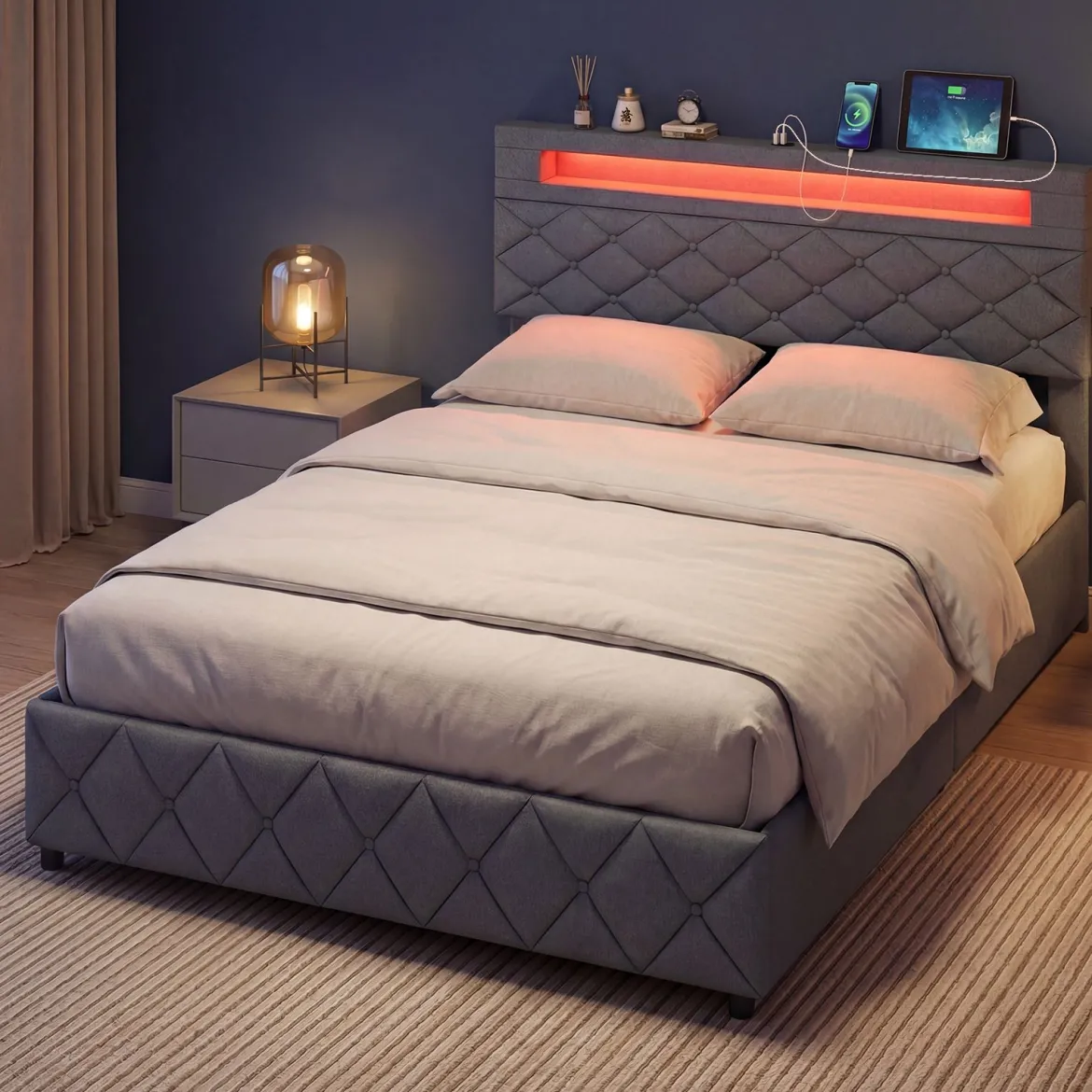 Doppelbettgestell mit LED-Leuchten & USB-Anschlüssen Modernes Plattformbett 140 x 200 cm Grau