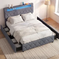 Doppelbettgestell mit LED-Leuchten & USB-Anschlüssen Modernes Plattformbett 140 x 200 cm Grau