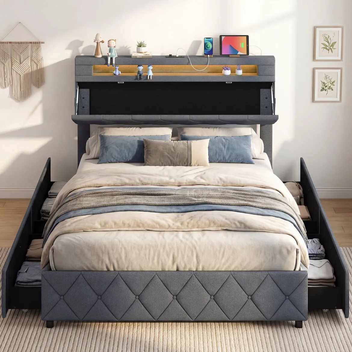 Doppelbettgestell mit LED-Leuchten & USB-Anschlüssen Modernes Plattformbett 140 x 200 cm Grau