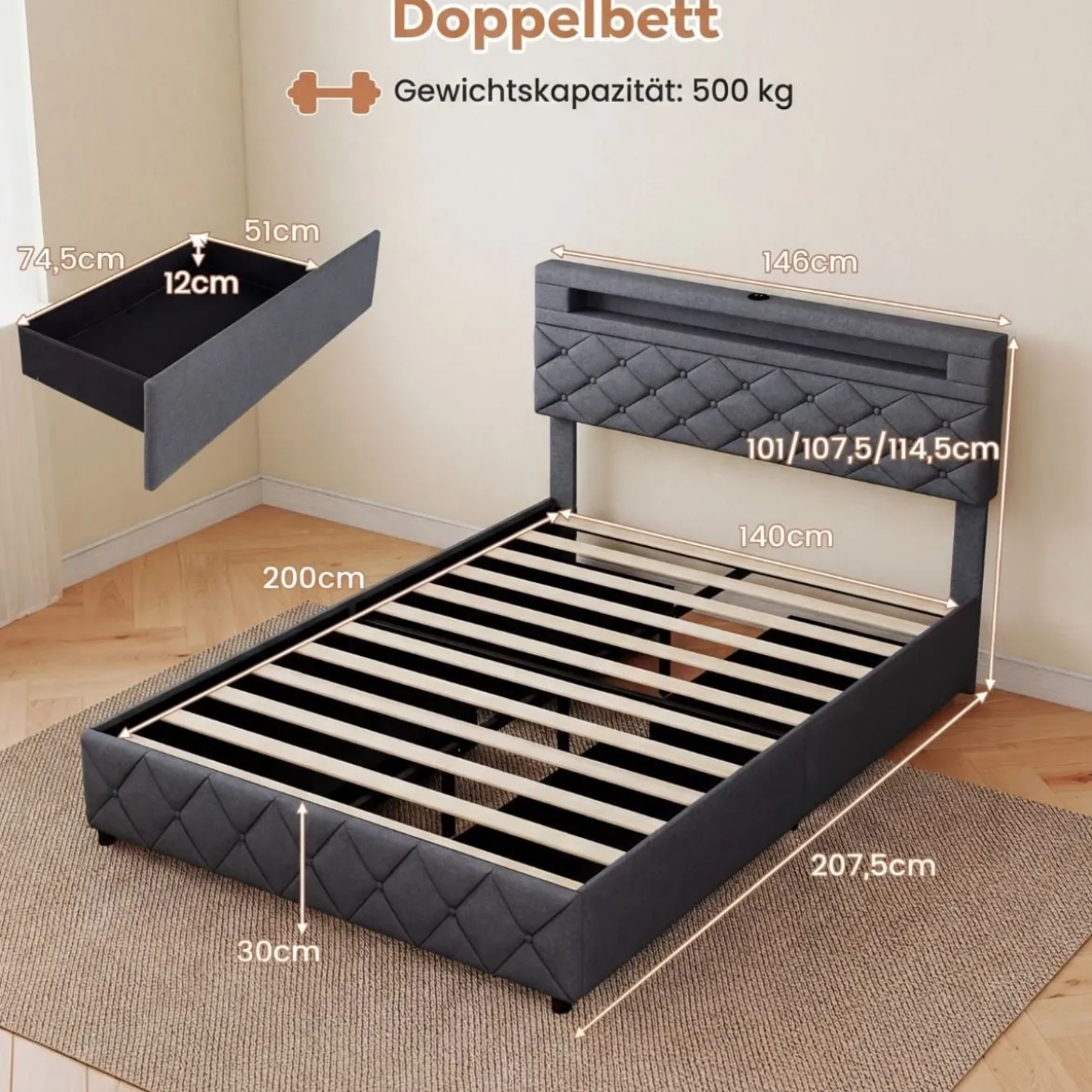 Doppelbettgestell mit LED-Leuchten & USB-Anschlüssen Modernes Plattformbett 140 x 200 cm Grau