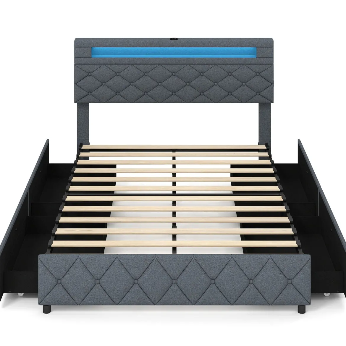 Doppelbettgestell mit LED-Leuchten & USB-Anschlüssen Modernes Plattformbett 140 x 200 cm Grau