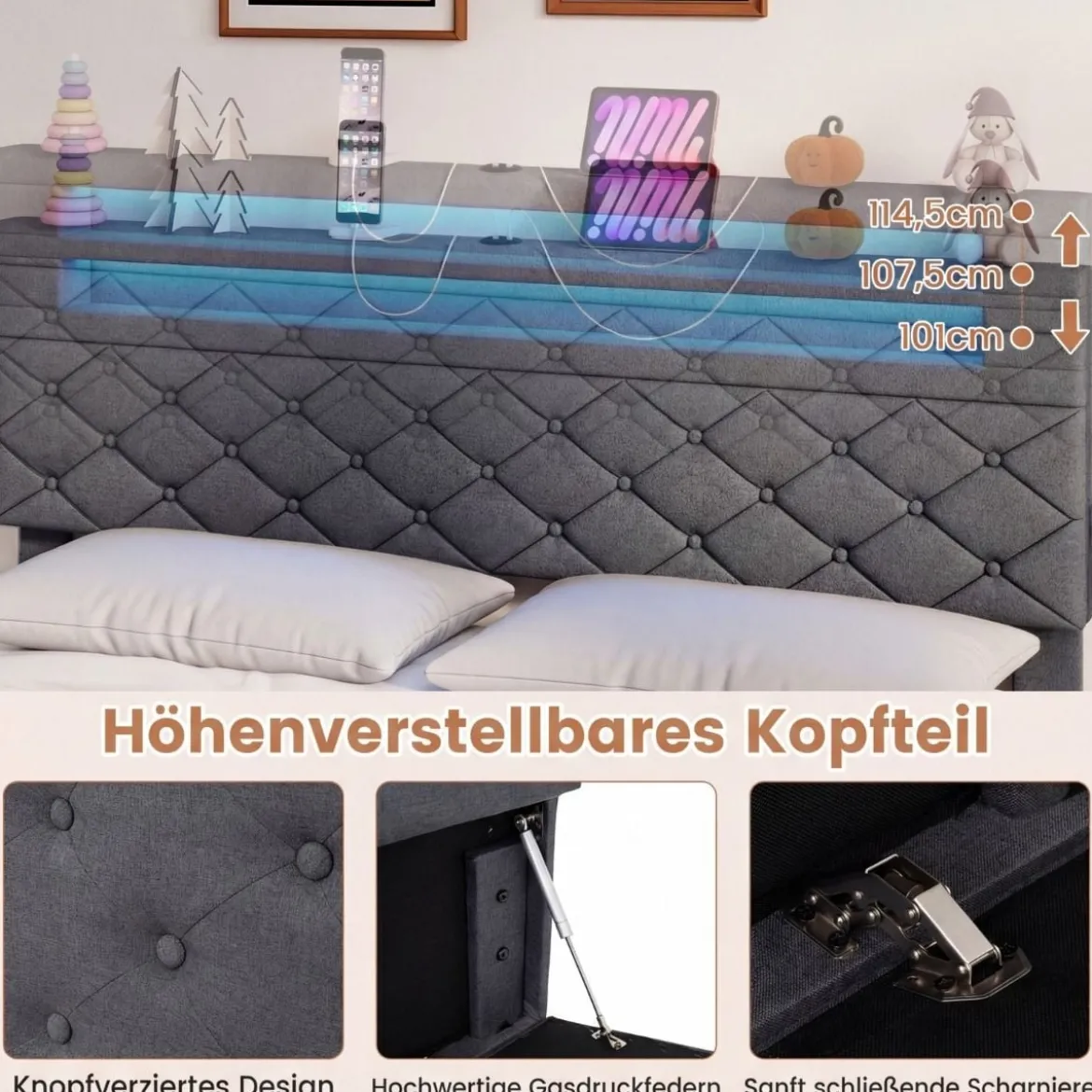 Doppelbettgestell mit LED-Leuchten & USB-Anschlüssen Modernes Plattformbett 140 x 200 cm Grau