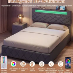 Doppelbettgestell mit LED-Leuchten & USB-Anschlüssen Modernes Plattformbett 140 x 200 cm Grau