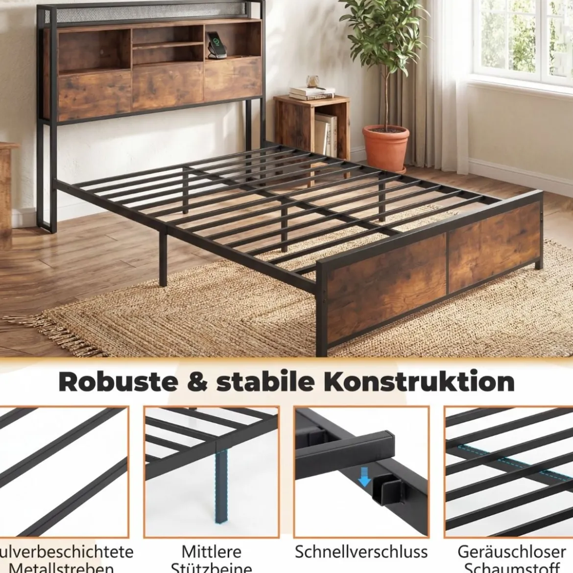 Doppelbettgestell mit LED-Lichtern & Ladestation Industrielles Plattformbett 200 x 140 cm/200 x 160 cm