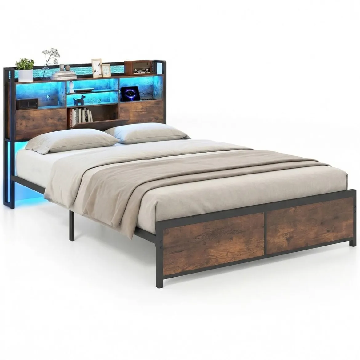 Doppelbettgestell mit LED-Lichtern & Ladestation Industrielles Plattformbett 200 x 140 cm/200 x 160 cm