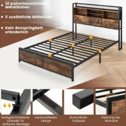 Doppelbettgestell mit LED-Lichtern & Ladestation Industrielles Plattformbett 200 x 140 cm/200 x 160 cm