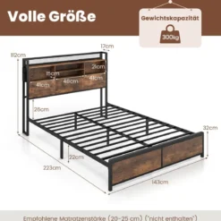 Doppelbettgestell mit LED-Lichtern & Ladestation Industrielles Plattformbett 200 x 140 cm/200 x 160 cm