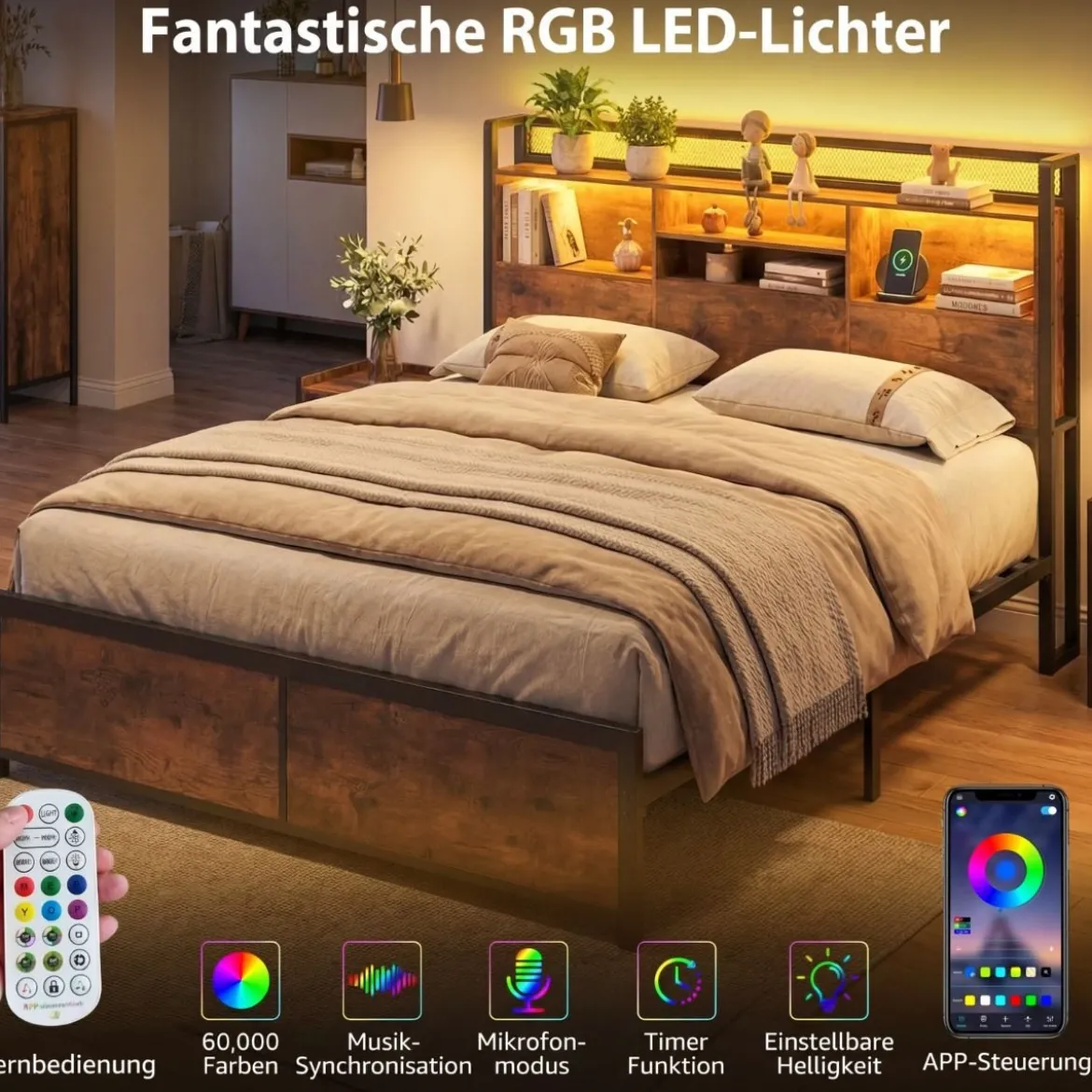 Doppelbettgestell mit LED-Lichtern & Ladestation Industrielles Plattformbett 200 x 140 cm/200 x 160 cm