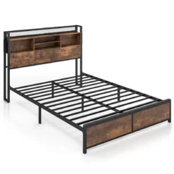 Doppelbettgestell mit LED-Lichtern & Ladestation Industrielles Plattformbett 200 x 140 cm/200 x 160 cm