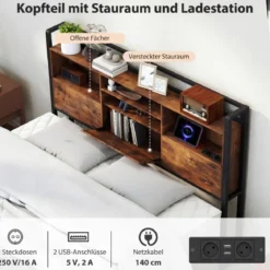 Doppelbettgestell mit LED-Lichtern & Ladestation Industrielles Plattformbett 200 x 140 cm/200 x 160 cm