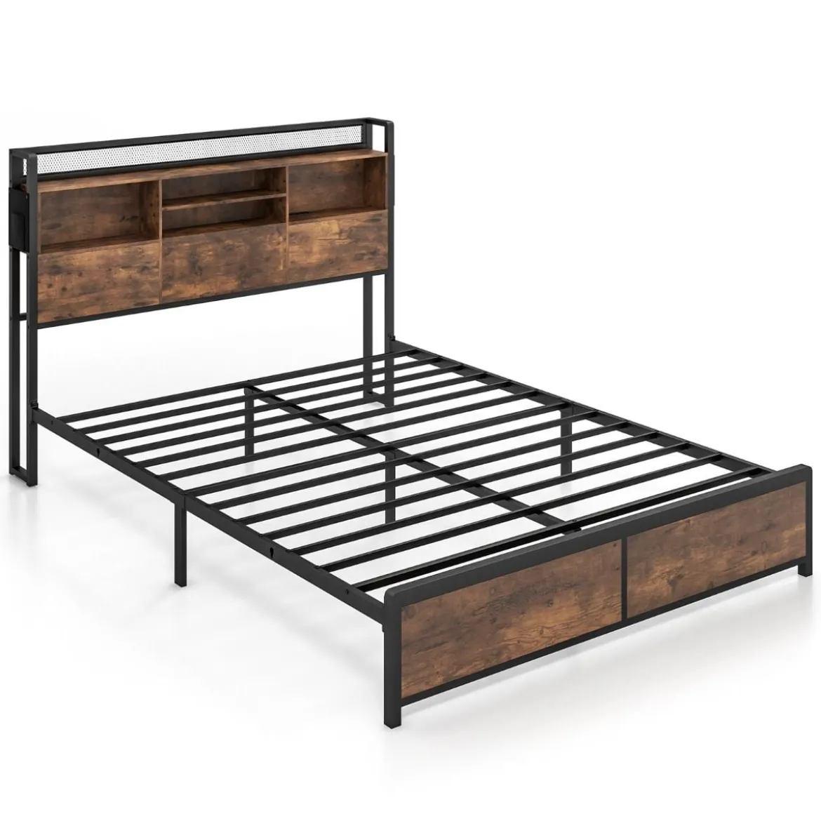 Doppelbettgestell mit LED-Lichtern & Ladestation Industrielles Plattformbett 200 x 140 cm/200 x 160 cm