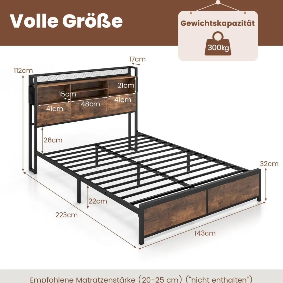 Doppelbettgestell mit LED-Lichtern & Ladestation Industrielles Plattformbett 200 x 140 cm/200 x 160 cm
