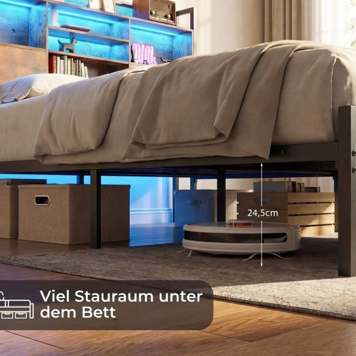 Doppelbettgestell mit LED-Lichtern & Ladestation Industrielles Plattformbett 200 x 140 cm/200 x 160 cm