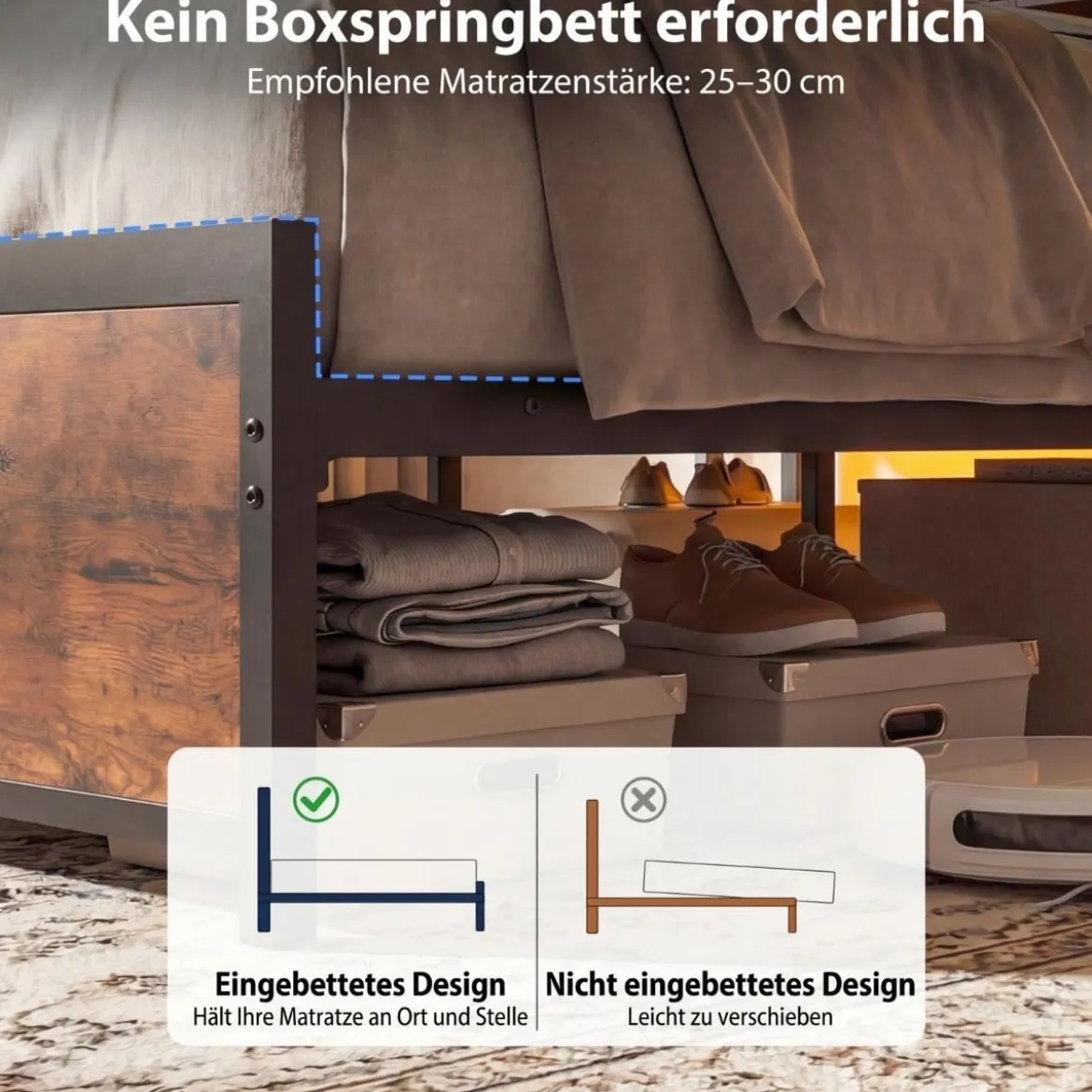 Doppelbettgestell mit LED-Lichtern & Ladestation Industrielles Plattformbett 200 x 140 cm/200 x 160 cm